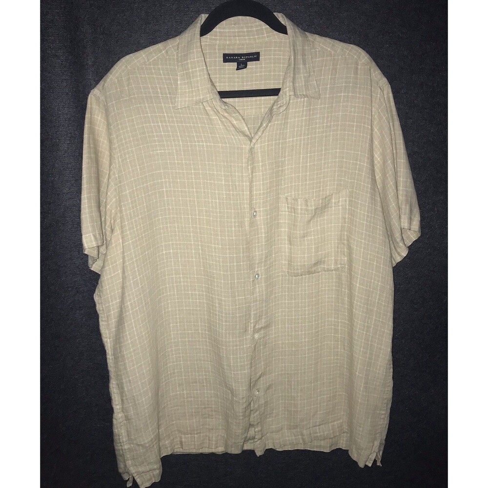 Banana Republic Shirt Tan White Plaid 100% Linen Short Sleeve Button Up Men's